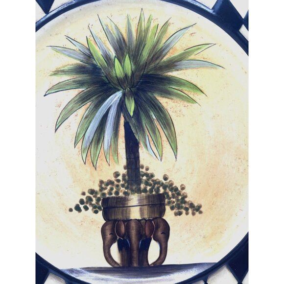 Home Interiors Palm Tree Plate Black Ivory Harlequin Diamond Border 10" Décor - Picture 6 of 7